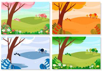 Four seasons, winter, spring, summer, autumn colour nature illustration set