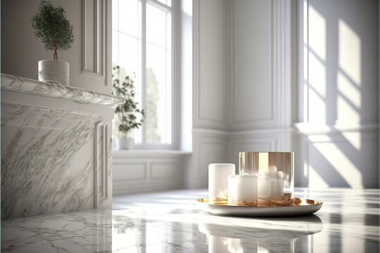 3d close-up rendering, design of a modern, luxury white apartment made of expensive marble. Minimal interior style and design. Illustration. Generative AI.