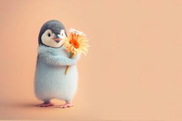 A cute little baby penguin carrying a big bouquet of fresh Spring flowers as a symbol of love. Pastel, creative, animal concept. Valentine's Day. Illustration. Generative AI.