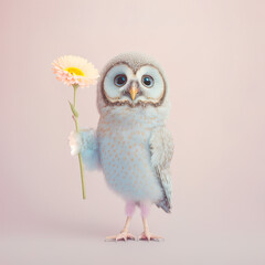 A cute little baby owl carrying a big bouquet of fresh Spring flowers as a symbol of love. Pastel, creative, animal concept. Valentine's Day. Illustration. Generative AI.