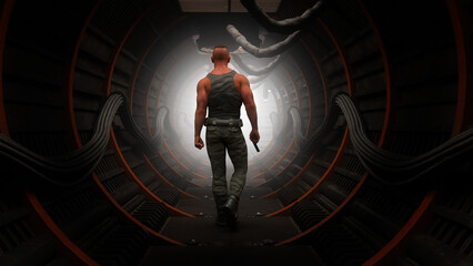 Muscular man wearing military clothing holding a gun and walking away towards bright light in a dark underground tunnel. 3D rendering.