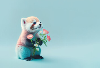 A cute little baby animal carrying a big bouquet of fresh Spring flowers as a symbol of love. Pastel, creative, animal concept. Valentine's Day. Illustration. Generative AI.