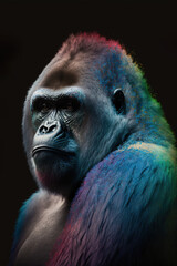 Obraz premium Wild animal creative concept on dark background. Gorilla monkey with black fur. Serious facial expression portrait. Illustration. Generative AI.