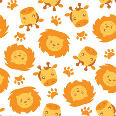 Cute cartoon nursery print. Vector safari seamless pattern for children bedroom or clothes. Yellow African animals characters giraffe and lion