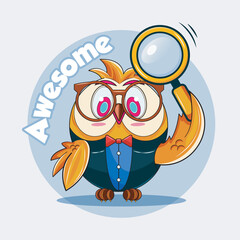 Naklejka premium Owl Teacher. Owl with magnifying glass vector illustration