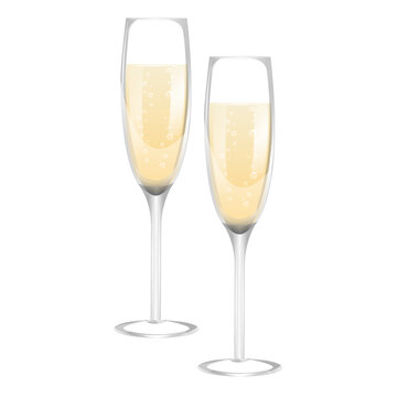 Two full glasses with bubbly champagne isolated on white background. Merry Christmas and Happy New Year concept image. Couple golden sparkling glasses of champagne design element. Vector illustration