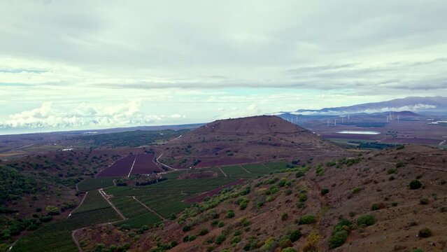 Drone shot of Bental mountain in the golan heights
