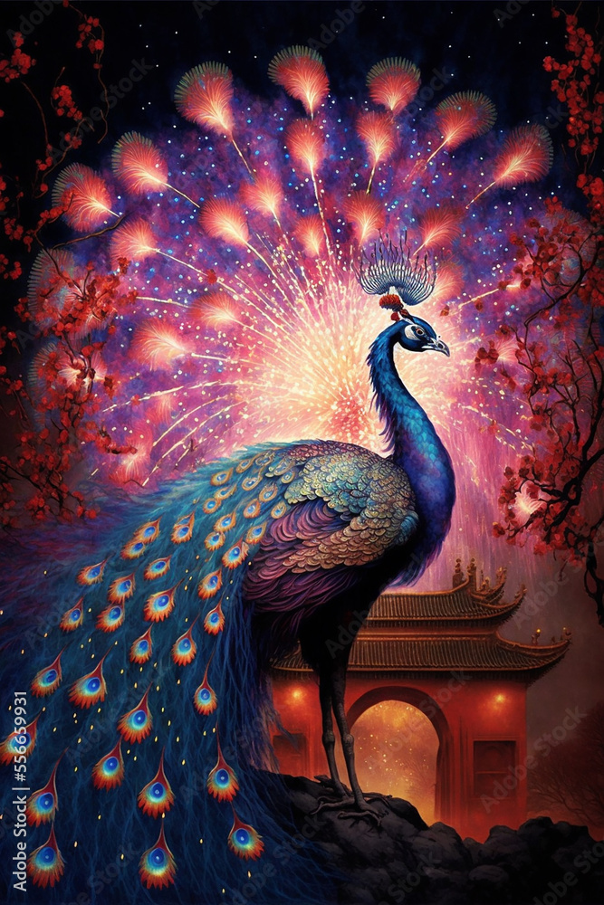 Wall mural Fantasy peacock illustration, generative, ai