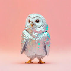 Fototapeta premium A cute little baby owl in a cyber neon aluminum raincoat as a symbol of love. Pastel, creative, animal concept. Valentine's Day. Illustration. Generative AI.