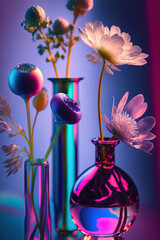 Creative cyber, neon concept of a fresh Spring flower in a vase with reflective purple lights. Colorful beautiful flowers. Illustration. Generative AI.