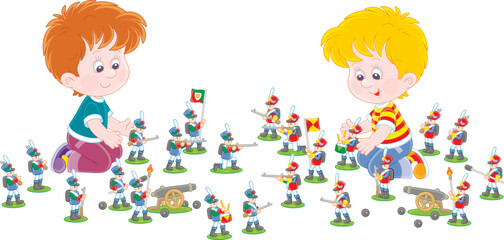 Happy little boys playing with toy soldiers and leading their small armies in an attack in a funny military game, vector cartoon illustration isolated on a white background
