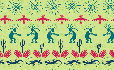 Naklejka premium Kokopelli with flute, pangolin, hawk, sun symbol, hands and plant tribal vector seamless pattern.