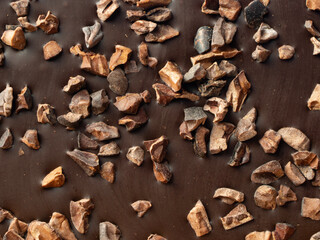 chocolate with pieces of broken cocoa beans, chocolate bar with cocoa chunks on top
