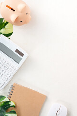 Annual financial budget and saving plan design concept with laptop, piggy bank, calculator and...