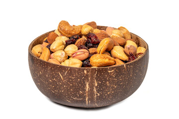 Fototapeta na wymiar Mixed nuts in bowl isolated on white background. Nuts, cashews, almonds and pistachios in a coconut bowl. close up