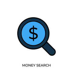 The best Money Search icon vector illustration in trendy two color, isolated on white background. Editable perfect graphic resources for many purposes. Magnifying glass icon. Business icons collection