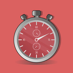 Realistic classic stopwatch vector illustration, with red dashboard and silver frame, in trendy design style, on red background. 3D icon of football equipment for world competition.