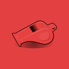 Realistic red referee whistle vector illustration, in trendy design style, isolated on red background. 3D icon of soccer football equipment for World Football Championship.