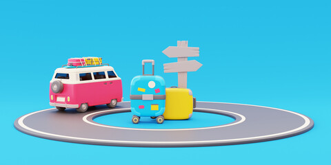 3D Retro travel van on road with suitcase and signpost, Tourism and travel concept, holiday vacation, worldwide trip journey, 3d rendering.