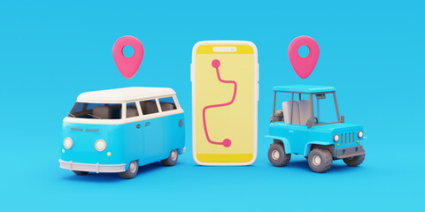 3D Map route navigation on smartphone with Off-road car, retro travel van and location pin, Tourism and travel concept, holiday vacation, worldwide trip journey, 3d rendering.