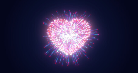 Obraz premium Abstract purple pink fireworks festive fireworks for valentine's day in the shape of a heart from glowing particles and magical energy lines. Abstract background