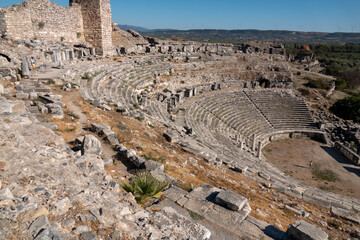 miletos ancient city theater, top view and sky