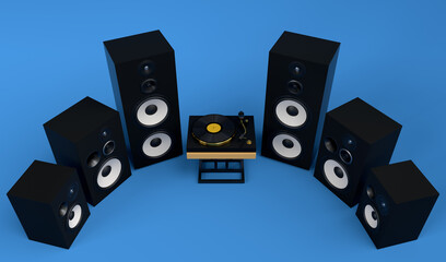 Set of Hi-fi speakers and DJ turntable for sound recording studio on blue.