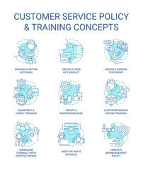 Customer service policy and training turquoise concept icons set. Corporate benefits idea thin line color illustrations. Isolated symbols. Editable stroke. Roboto-Medium, Myriad Pro-Bold fonts use