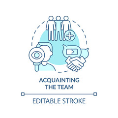 Acquainting team turquoise concept icon. New hire customer service training step abstract idea thin line illustration. Isolated outline drawing. Editable stroke. Arial, Myriad Pro-Bold fonts used