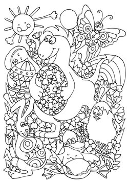 Coloring page for kids. Dinosaur with bunnies and duck in the meadow dancing with Easter eggs. Spring Game. Hand drawn vector illustration