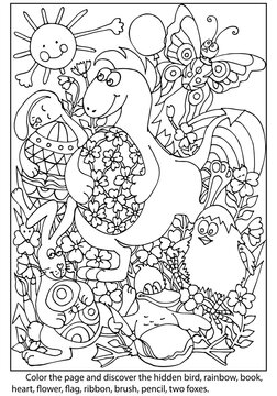 Coloring page. Dinosaur with bunnies and duck in the meadow dancing with Easter eggs. Find the hidden objects. Puzzle for kids. Spring Game. Hand drawn vector illustration