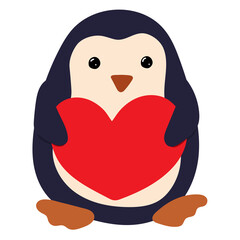 Penguin hugs the heart in his hands on a white background. Symbol of valentine's day. Design element, logo, picture