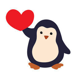 Penguin with a red heart in his hand on a white background. Symbol of valentine's day. Design element, logo, picture