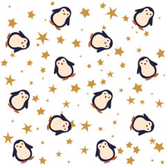 Seamless background with penguins  and gold stars on white. Wrapping paper, pattern