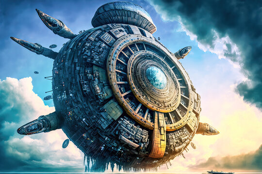 UFO Raumschiff Aliens Fliegende Untertasse Ausserirdische Invasion Riesiges Spaceship &Uuml;bernahme Angriff Unvorstellbar Generative AI Digital Art Backdrop Hintergrund Illustration