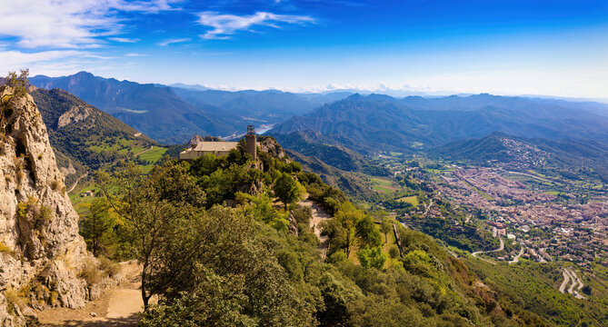 Aerial panoramic view of the monastery of Queralt, the Baells reservoir and the Berga valley, Catalonia, Spain