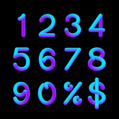 3D light numbers vector set. Price off tag design collection. 0, 1, 2, 3, 4, 5, 6, 7, 8, 9, percent and dollar illustration.