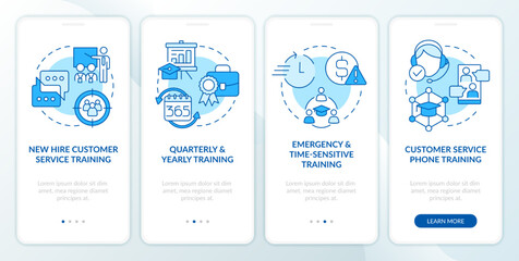 Fototapeta na wymiar Customer service trainings blue onboarding mobile app screen. Business walkthrough 4 steps editable graphic instructions with linear concepts. UI, UX, GUI template. Myriad Pro-Bold, Regular fonts used