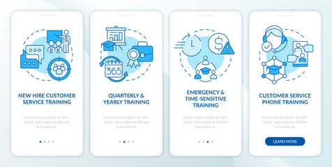 Customer service trainings blue onboarding mobile app screen. Business walkthrough 4 steps editable graphic instructions with linear concepts. UI, UX, GUI template. Myriad Pro-Bold, Regular fonts used