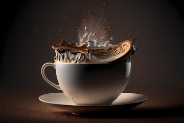Aromatic coffee dropping in a Cappuccino cup, splash, black background,  illustration digital generative ai design art style