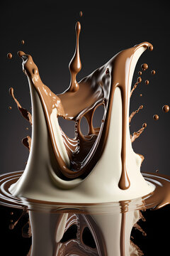 dark and white chocolate splash isolated on dark background, illustration digital generative ai design art style