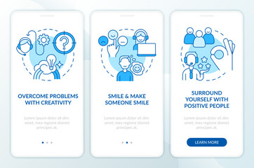 Positive attitude in service blue onboarding mobile app screen. Walkthrough 3 steps editable graphic instructions with linear concepts. UI, UX, GUI template. Myriad Pro-Bold, Regular fonts used