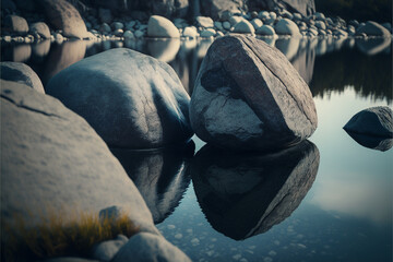 a couple of large rocks sitting next to a body of water