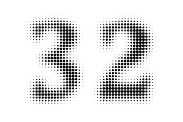 Number 32 Halftone. Pop art style. Halftone dotted backdrop. Design for web banners, wallpaper,sites vector illustration. Abstract Halftone Dotted Number.