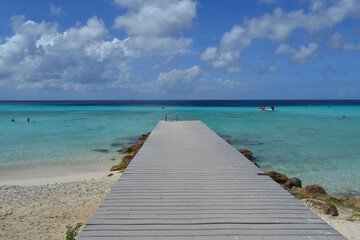 Fototapeta na wymiar a beautiful wooden pier on a paradise beach on the island of Curacao in the caribbean sea