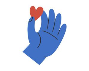 Hand drawn cute illustration of hand with heart. Flat vector giving love and help to charity in simple colored doodle style. Philanthropy, volunteer, Valentine's Day sticker, icon or print. Isolated.