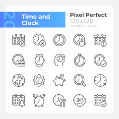 Time and clock pixel perfect linear icons set. Working hours. Daily schedule. Customizable thin line symbols. Isolated vector outline illustrations. Editable stroke. Montserrat Bold, Light fonts used