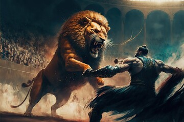 Supernatural epic fight, gladiator and lion, fantasy image dynamic, Generative Ai, - obrazy, fototapety, plakaty