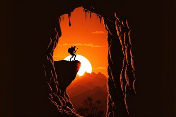 Climber silhouette climbing the cliff, sunset, ai generated