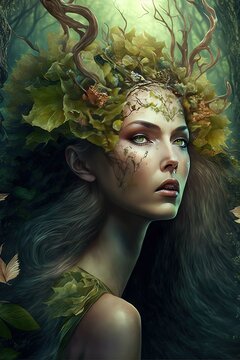 Beautiful feiry of the forest with nature elements in hair, portrait, fantasy image portrait, Generative Ai, Generative, Ai., Not a real person